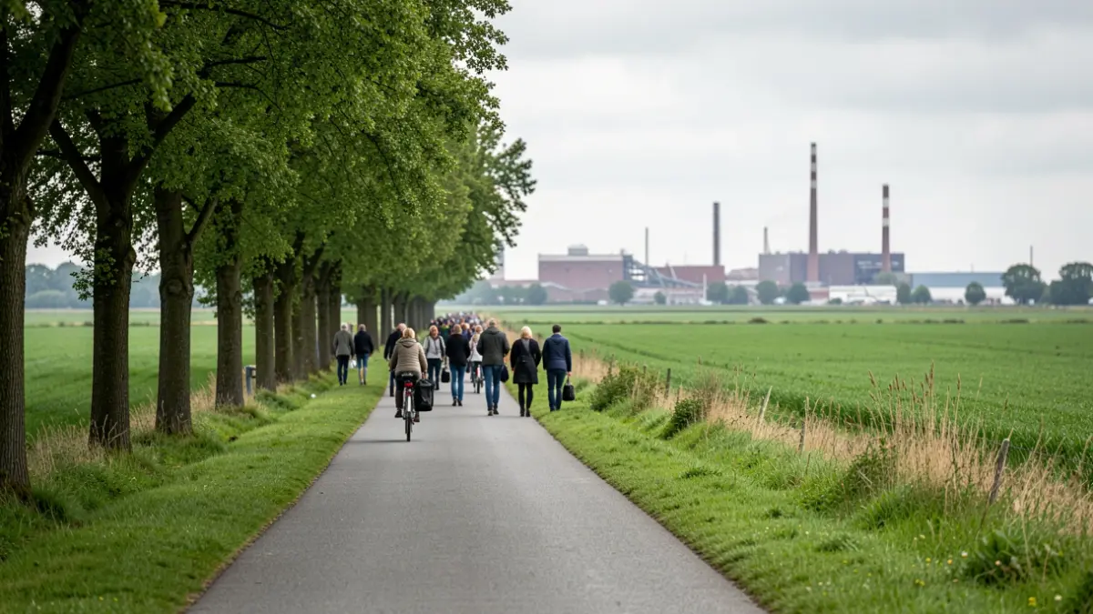 Generic image of a cycling path in a green environment with trees and an industrial zone in the background.