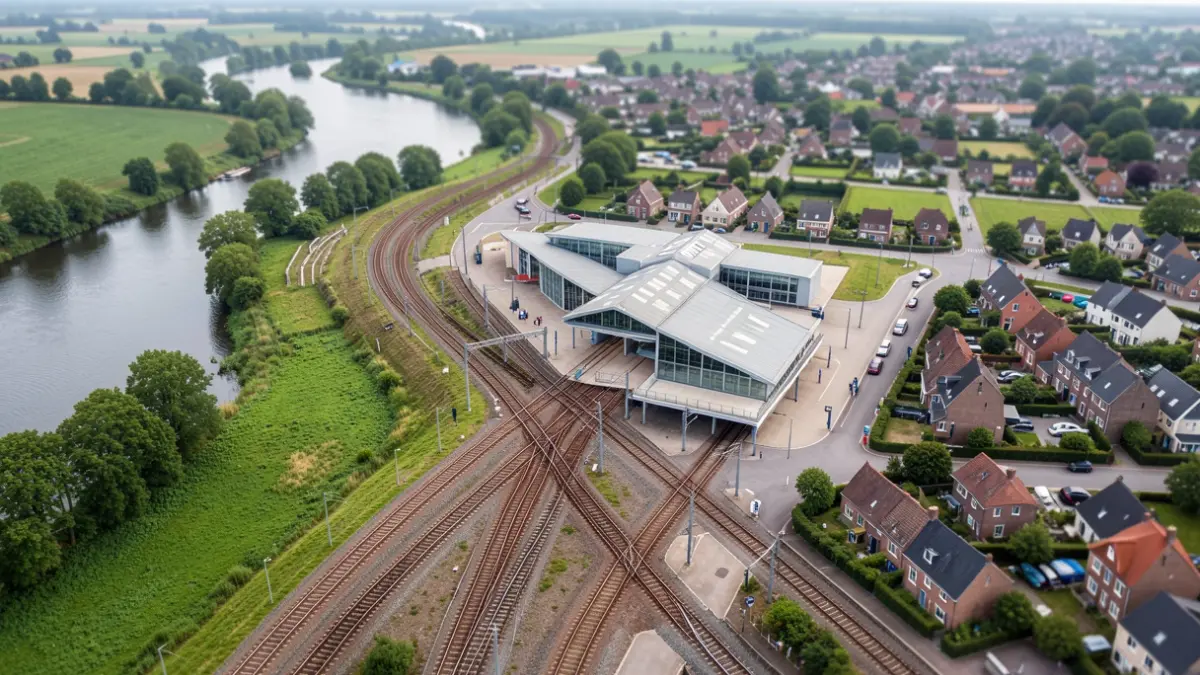 Generic image of a railway junction in Flanders with green riverbanks and station neighborhoods.