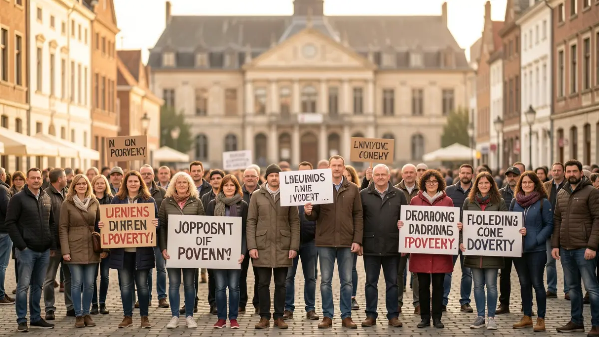 Groep mensen op een Vlaams stadsplein met spandoeken tegen armoede, stadhuis op achtergrond.