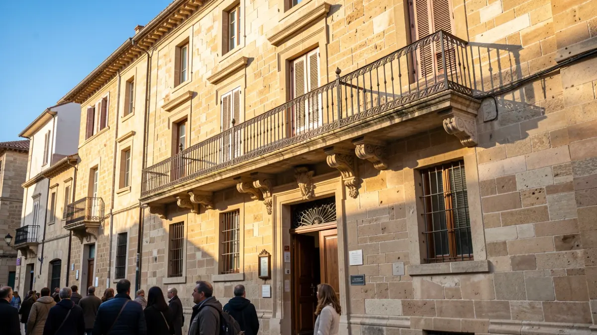 Generic image of a traditional stone town hall facade with an ornate balcony and iron railings, warm afternoon sunlight casting shadows on the sandstone walls, blue sky, documentary photography style.