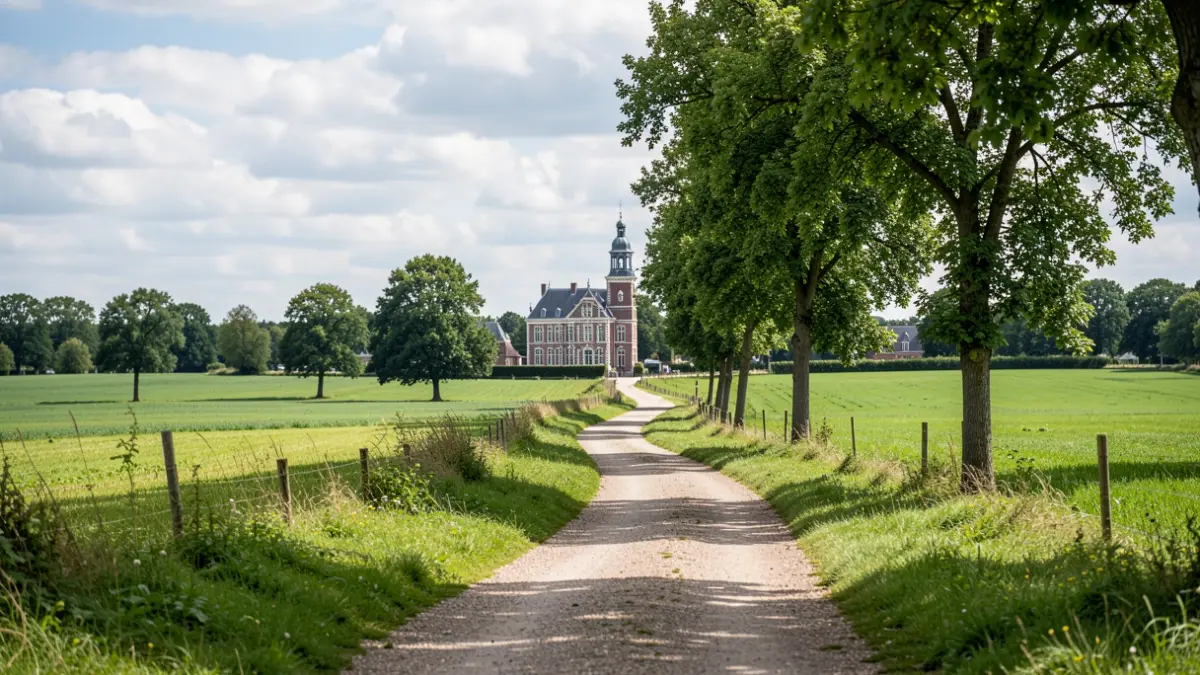 Generieke afbeelding van een onverhard pad door het Vlaamse platteland met op de achtergrond een traditioneel gemeentehuis.