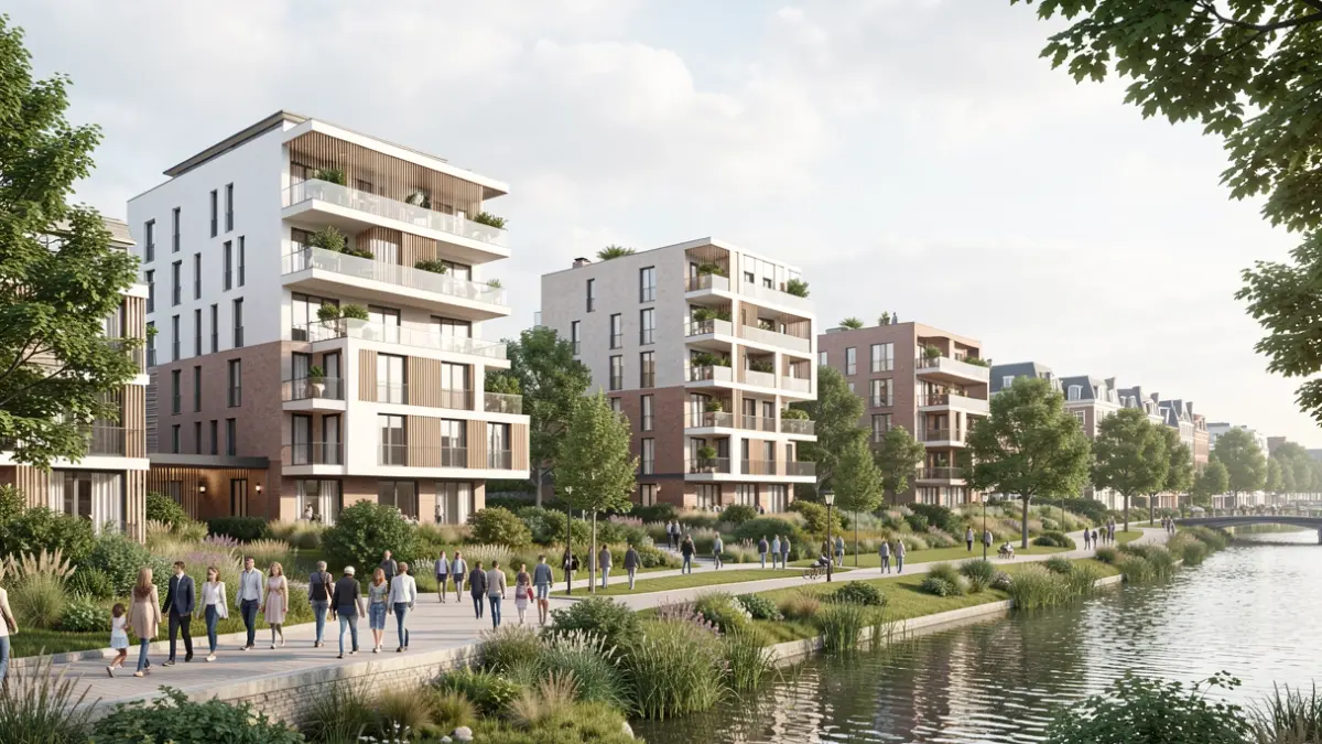 Generieke afbeelding van een architecturale voorstelling van nieuwe woningen met groene ruimtes in Vlaamse stijl.