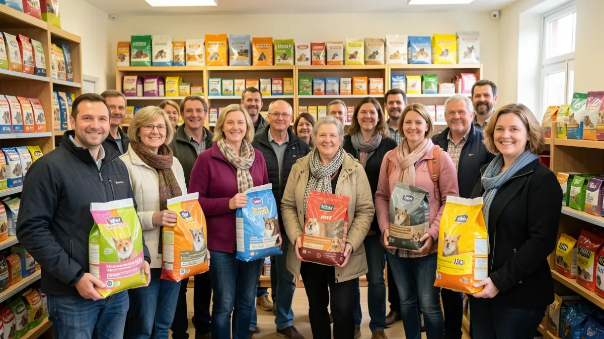 Volunteers from Dierenvoedselbank Maldegem with pet food packages.
