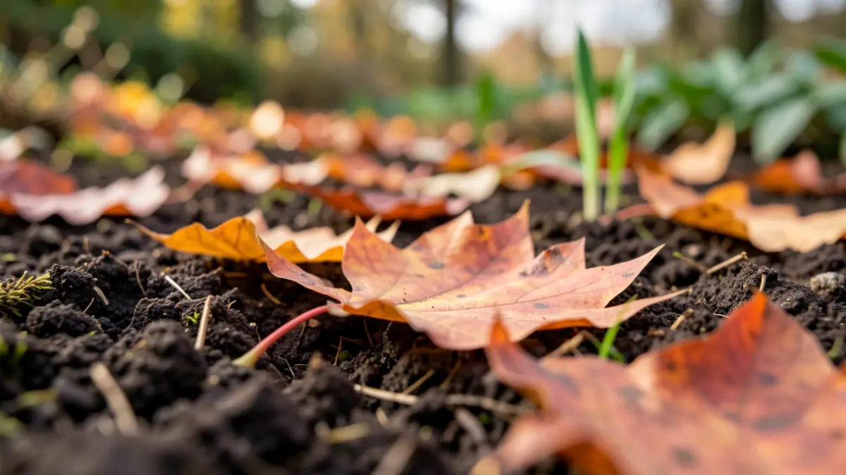 Gedetailleerde close-up van herfstbladeren op donkere tuinaarde, met beginnende groene scheuten, zacht natuurlijk licht.