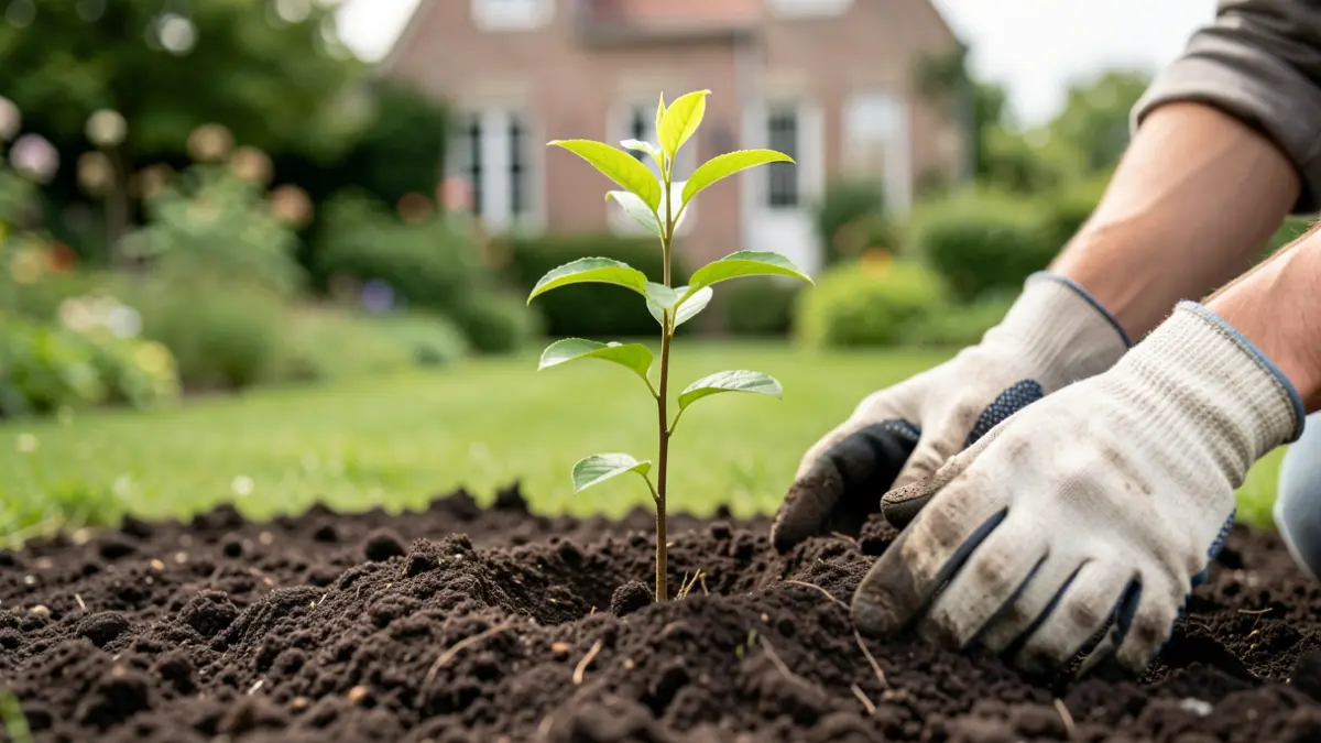 Generieke afbeelding van een jonge boom die geplant wordt in de aarde door handen met tuinhandschoenen, met een wazige groene tuin op de achtergrond.