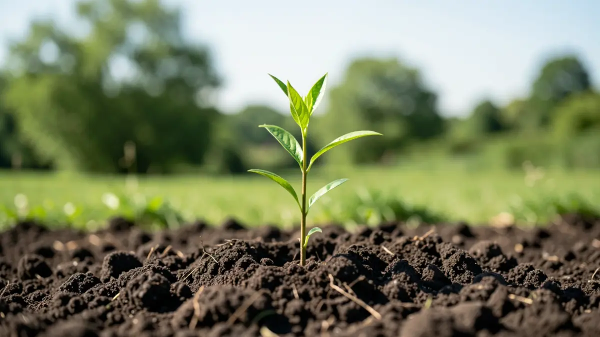 A young tree being planted in the earth, with a green landscape in the background.