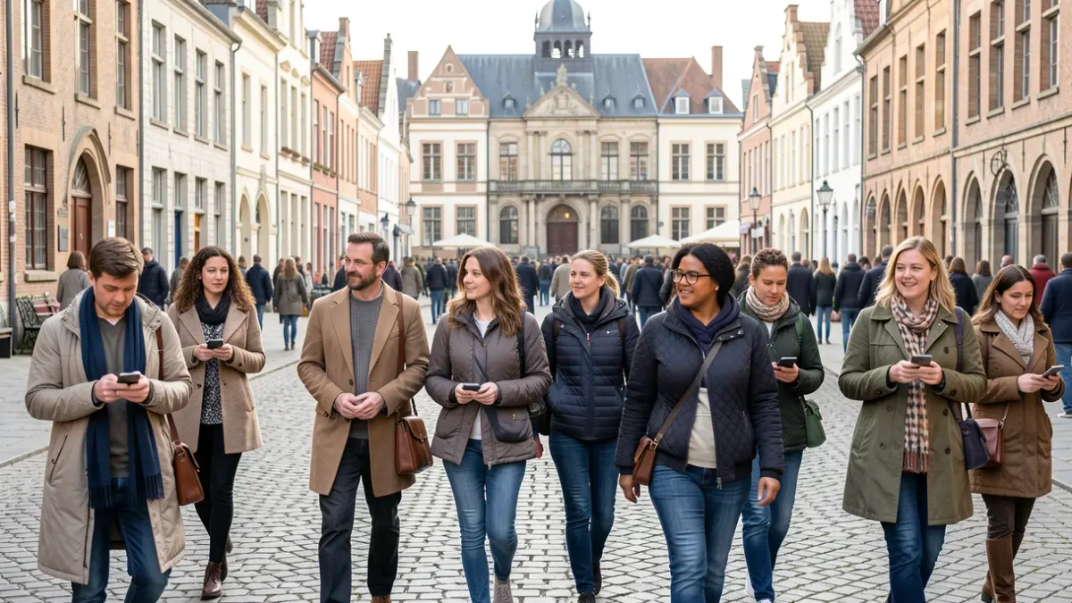 Group of non-native speakers on a digital walk in Maldegem, using smartphones with local landmarks in the background.