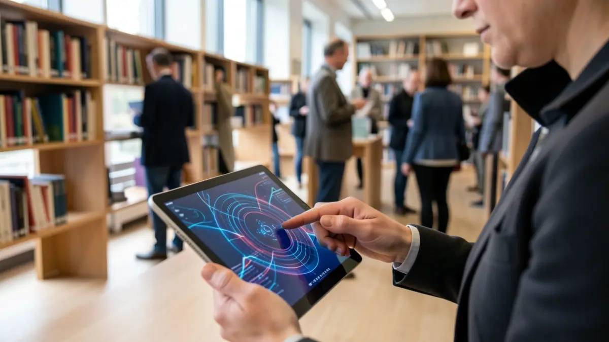 Generieke afbeelding van een bibliotheekinterieur met focus op digitale technologie.