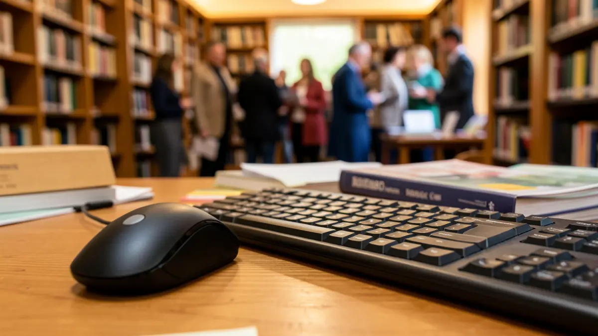 Generieke afbeelding van een computer muis en toetsenbord op een bureau, met een wazige achtergrond die een bibliotheek of gemeenschapscentrum suggereert. Zachte, warme verlichting.