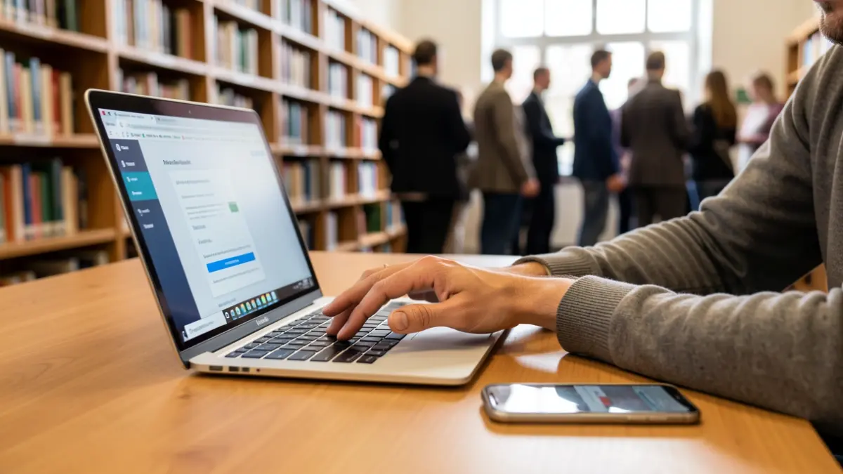 Generic image of hands using a laptop and smartphone in a library setting, focusing on digital literacy.