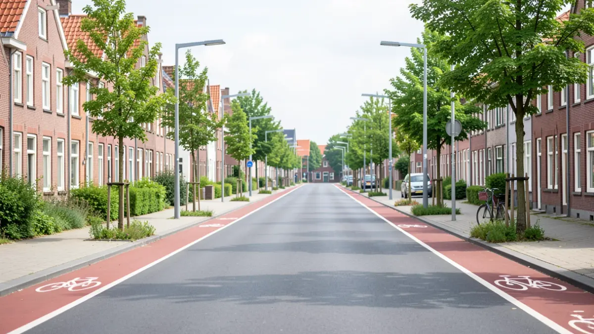 Generieke afbeelding van een vernieuwde straat in Vlaanderen met veilige fietspaden en groenaanleg.