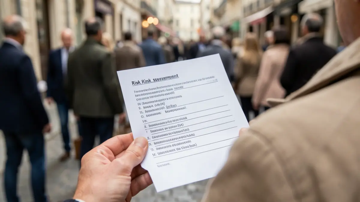 Generieke afbeelding van een hand die een papieren brochure vasthoudt met een risicobeoordelingsvragenlijst, zacht natuurlijk licht, geringe scherptediepte.