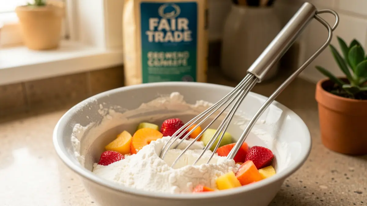 Een close-up van een mengkom met kleurrijke ingrediënten en een garde, met op de achtergrond een fairtrade koffieverpakking en een plant.