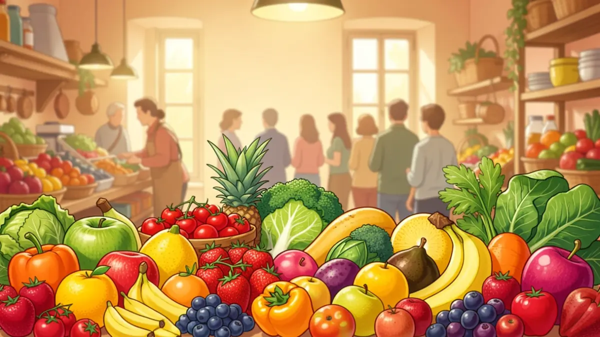 A colorful illustration of fresh fruits and vegetables, symbolizing Fairtrade, organic, and local ingredients.