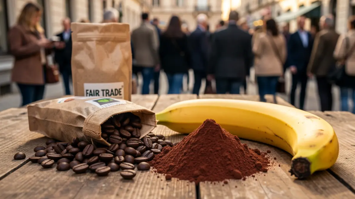 Close-up of fair trade products like coffee beans, cocoa powder, and a banana, arranged artfully on a rustic wooden surface. Soft, warm lighting highlights the textures and colors.
