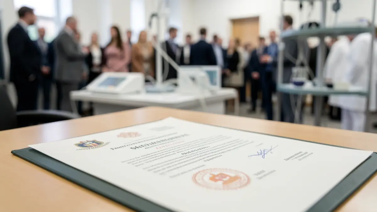 Generieke afbeelding van een medisch diploma op een bureau.