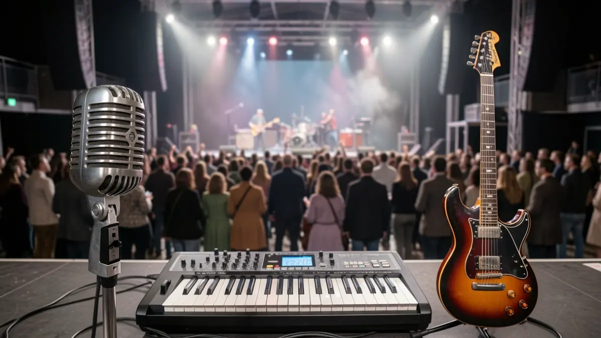 Drie muziekinstrumenten die verschillende genres vertegenwoordigen: een microfoon, synthesizer en elektrische gitaar, op een podium.
