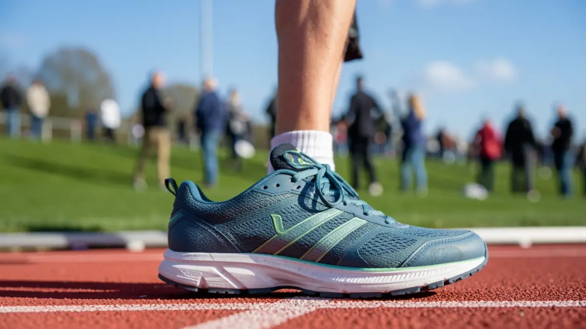 Generieke afbeelding van een sportschoen op een atletiekbaan, met op de achtergrond groen gras en een blauwe hemel.