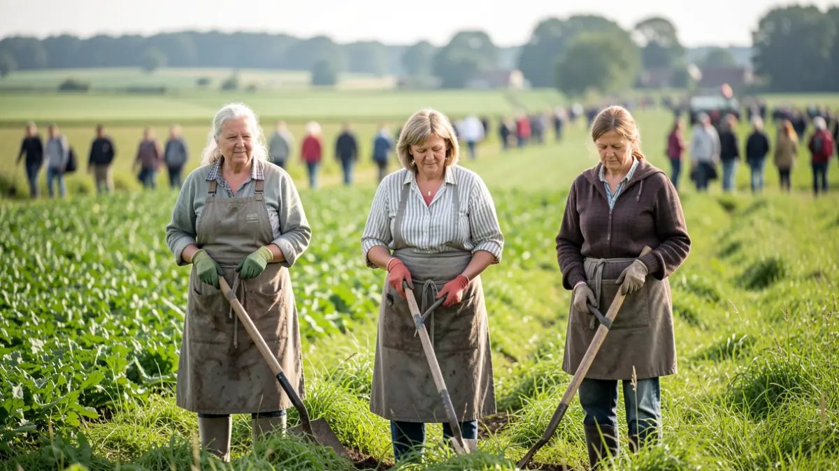 Generic image of three women of different ages working in a green field with agricultural tools, soft daylight, shallow depth of field, Vlaanderen landscape in the background.