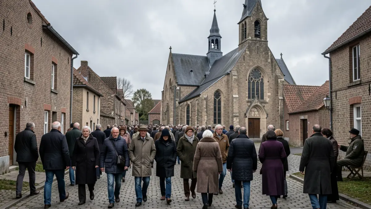 Generieke afbeelding van een plechtige stoet die naar een kerk in Vlaanderen trekt, met een belfort op de achtergrond onder een bewolkte hemel.