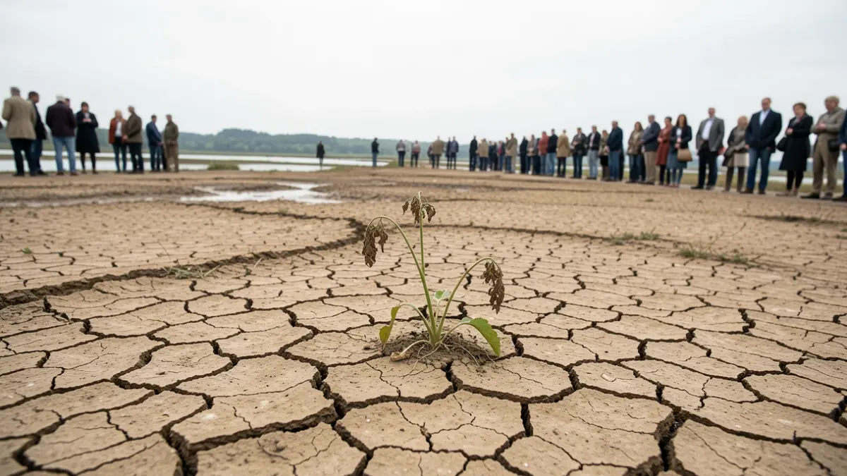 Generic image of dry, cracked earth with a wilting plant under a pale, overcast sky.