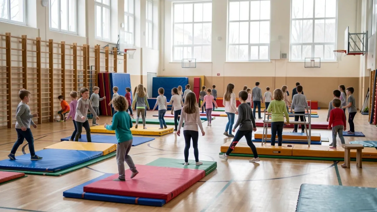 Kinderen nemen deel aan een Rollebolle-sportdag in sporthal Rooienberg, Duffel.