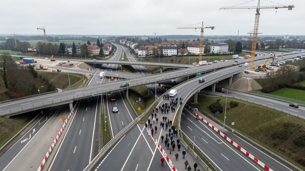 Generieke afbeelding van een snelwegknooppunt in aanbouw met kranen en wegversperringen, bewolkte hemel.