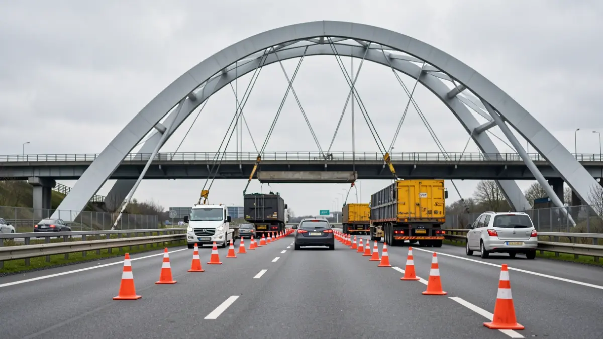 Afsluiting van de E40 in beide richtingen voor de plaatsing van een grote boogbrug met behulp van SPMT's.