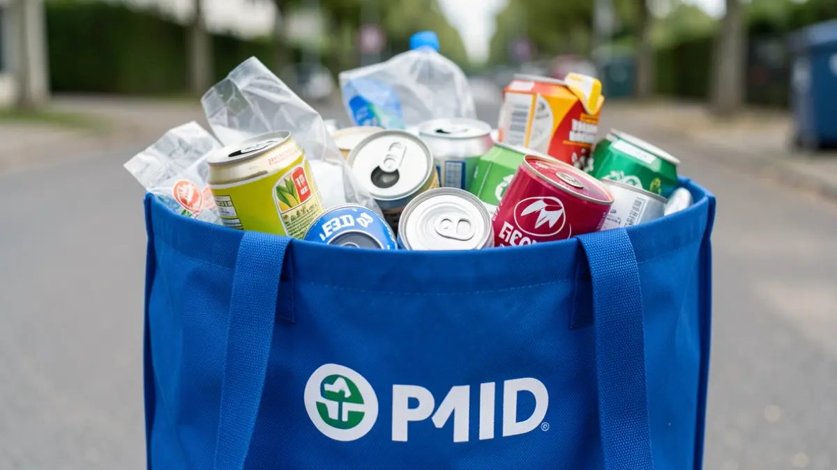 Generic image: filled with correctly sorted packaging like plastic bottles and metal cans. The background is blurred, showing a street or recycling park environment in daylight.