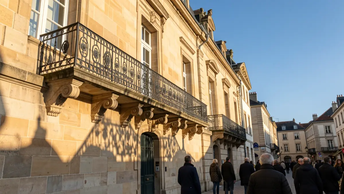 Generieke afbeelding van de stenen gevel van een Vlaams stadhuis met een sierlijk ijzeren balkon en balustrades, warm zonlicht in de namiddag dat lange schaduwen werpt op de zandstenen muren, helderblauwe lucht.