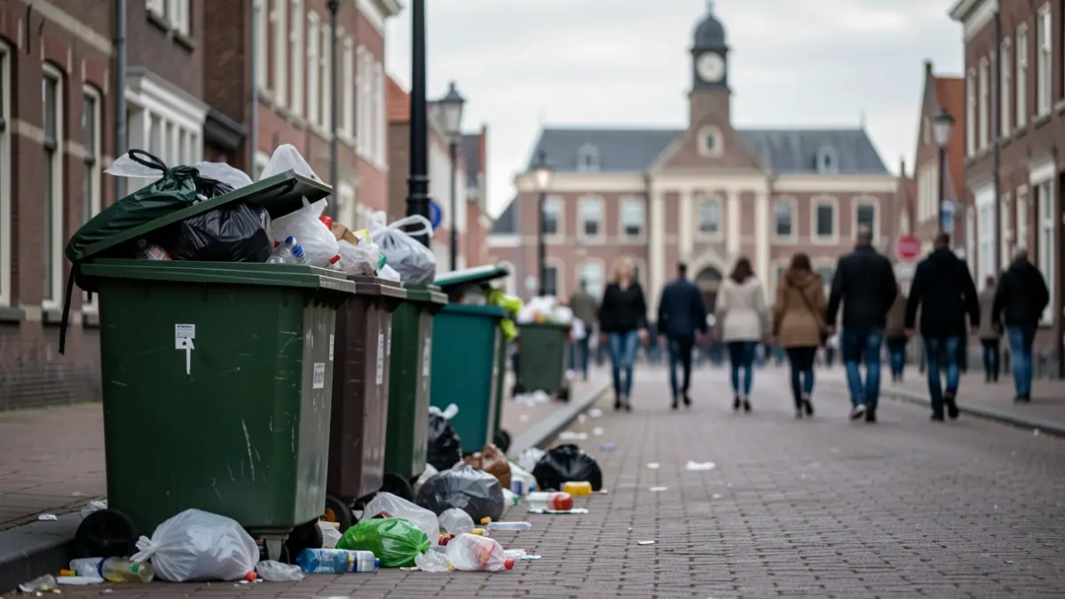 Een straatbeeld in Eeklo met overvolle vuilnisbakken en zwerfvuil, op de achtergrond de gevel van het stadhuis.