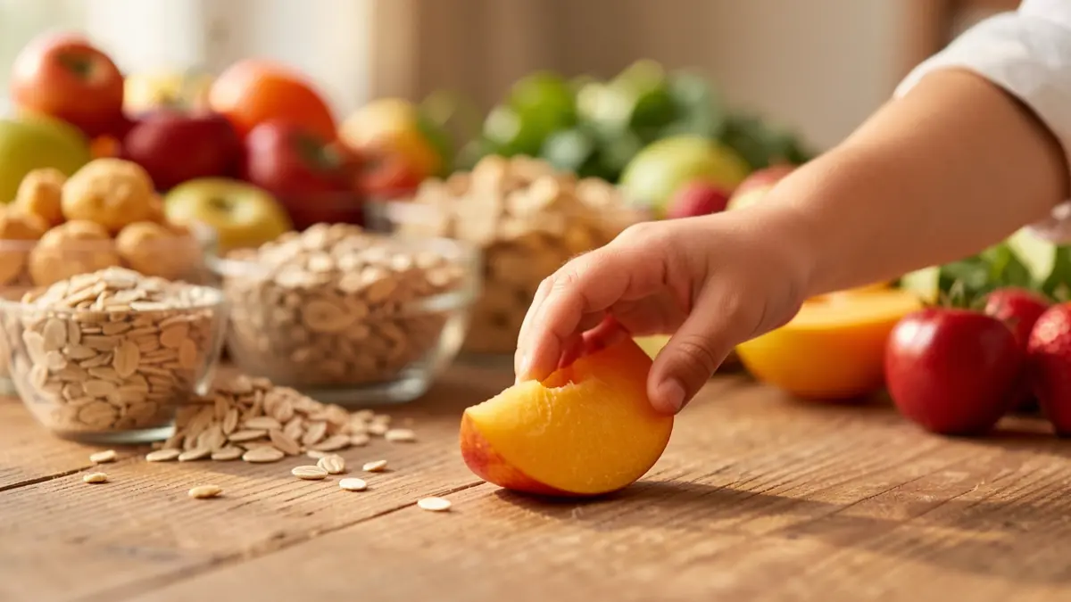 Generic image of a child's hand reaching for a piece of fruit, with healthy snacks in the background.