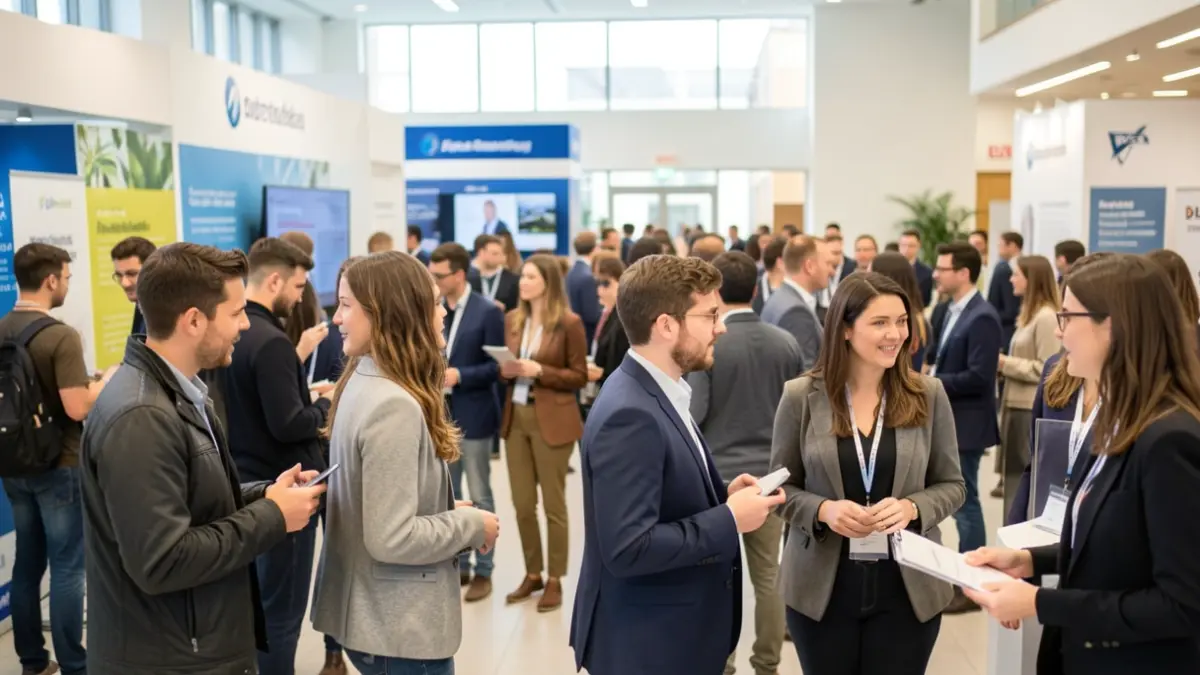 Generic image of a job fair with young professionals and employers. No specific names or locations.