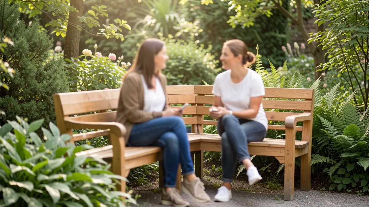 Generieke afbeelding van een babbelbank in een tuin, met twee wazige figuren die uitnodigen tot gesprek.