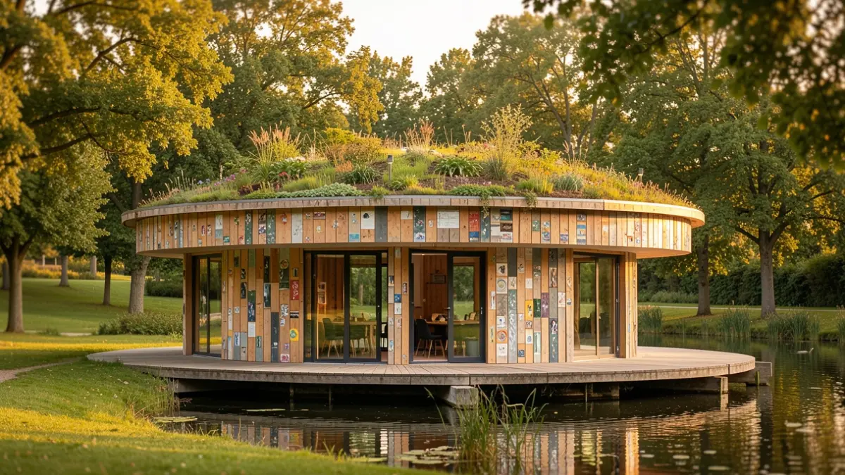Circular youth pavilion with a green roof, built with recycled materials, set in a park environment.