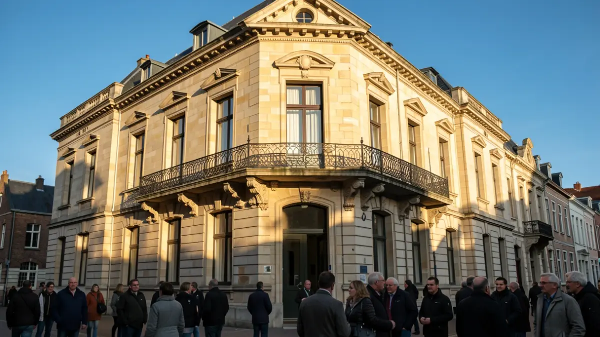 Generic image of a traditional Vlaanderen town hall facade with an ornate balcony and iron railings, in warm afternoon sunlight, with a blue sky.
