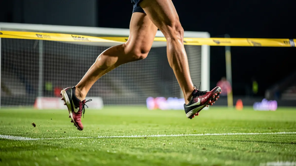 Generic image of feet crossing a finish line on a football pitch, with the goal net blurred in the background. Stadium lighting creates a dramatic atmosphere.