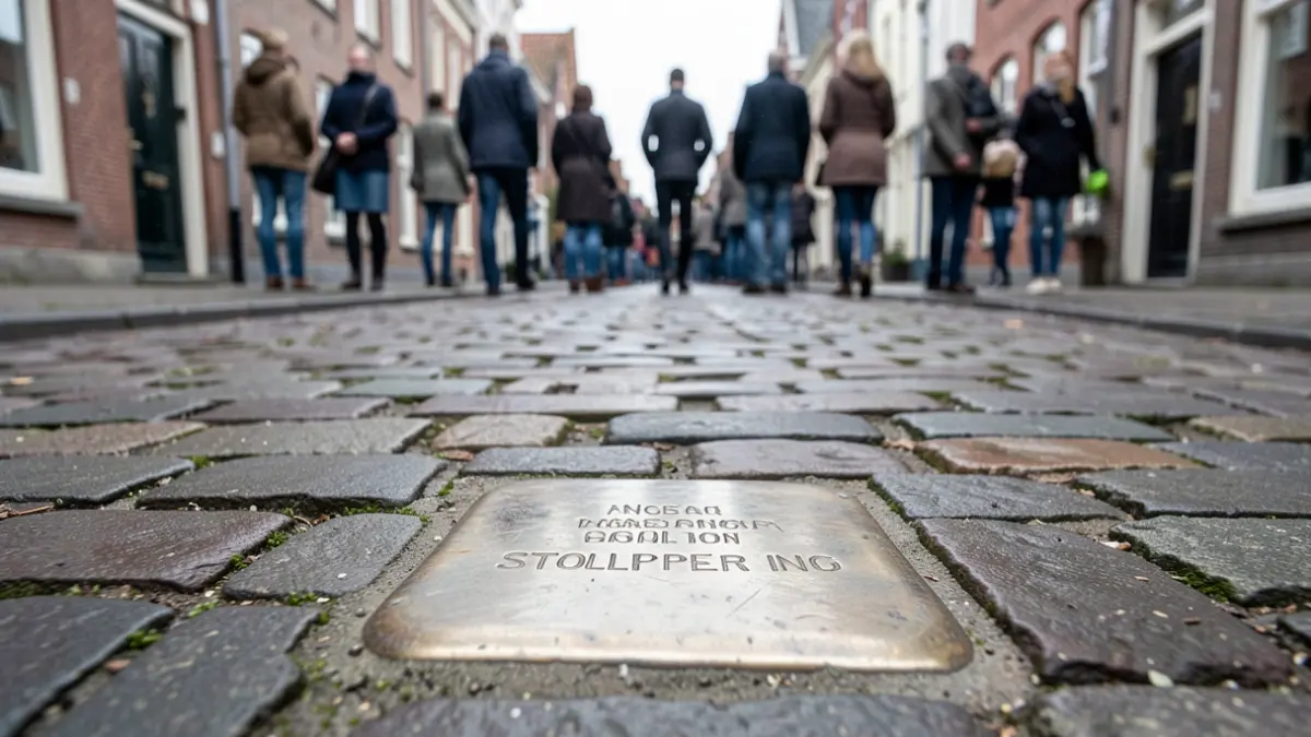 A stumbling stone with an engraving on a cobblestone street in a Flemish town, with soft daylight.
