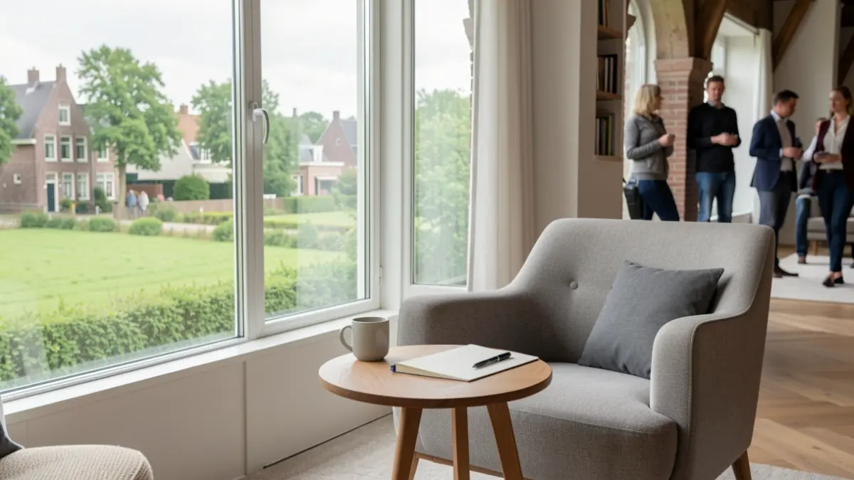 Generic image of a calm consultation room with a chair and table, overlooking a green landscape.