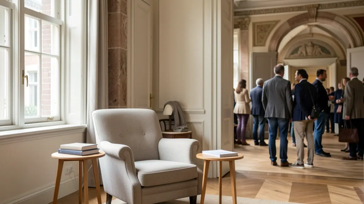 Generieke afbeelding van een rustige en uitnodigende consultatieruimte in Vlaanderen, met een comfortabele fauteuil en een klein bijzettafeltje. Zacht, natuurlijk licht valt binnen door een raam, wat zorgt voor een serene sfeer. De algehele sfeer is er een van stille steun en professionaliteit. Subtiele Vlaamse architecturale elementen op de achtergrond.