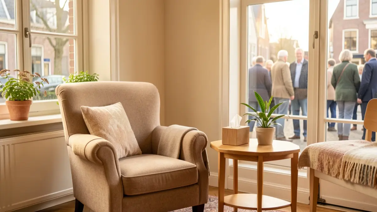 A warm and inviting therapy room in Flanders, with a comfortable armchair and soft natural light.