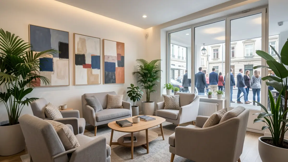 Generic image of a modern, calm waiting area with comfortable chairs and plants.