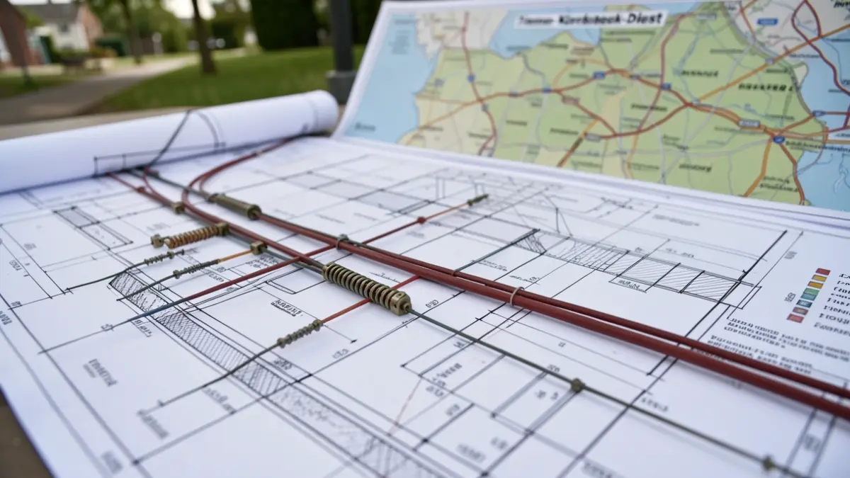 Technical drawing of underground high-voltage cables with a map of the Tienen-Kersbeek-Diest region.