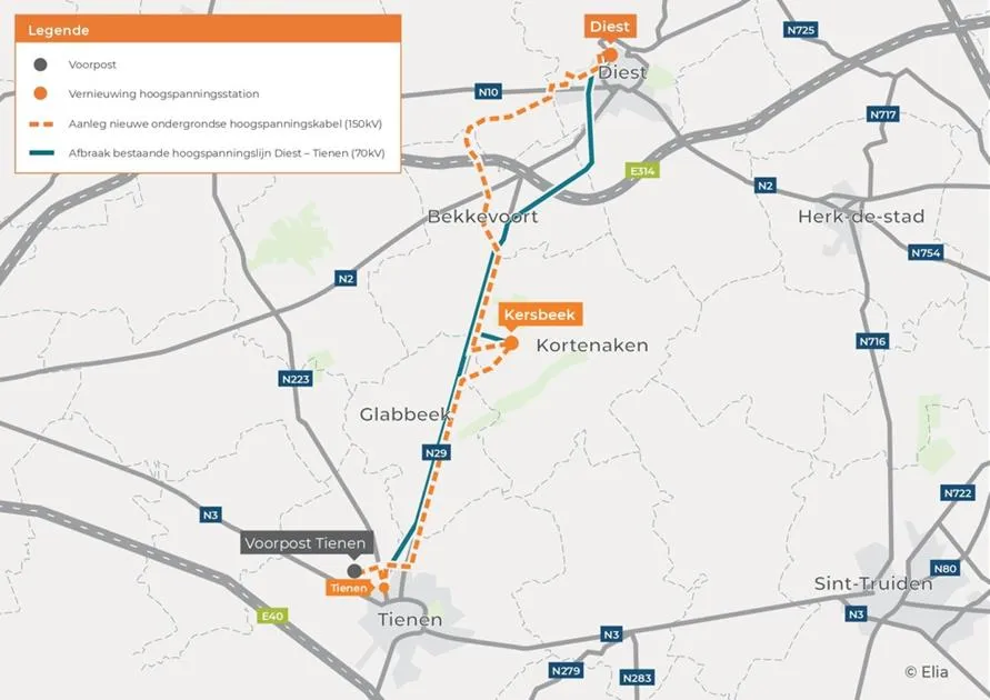 Elia versterkt hoogspanningsnet in regio Tienen-Kersbeek-Diest