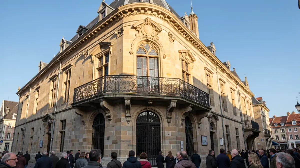 Gevel van een traditioneel Vlaams stadhuis met een sierlijke balkon en ijzeren balustrade, badend in warm middaglicht dat duidelijke schaduwen werpt op de zandstenen muren, tegen een helderblauwe hemel, in documentaire stijl.
