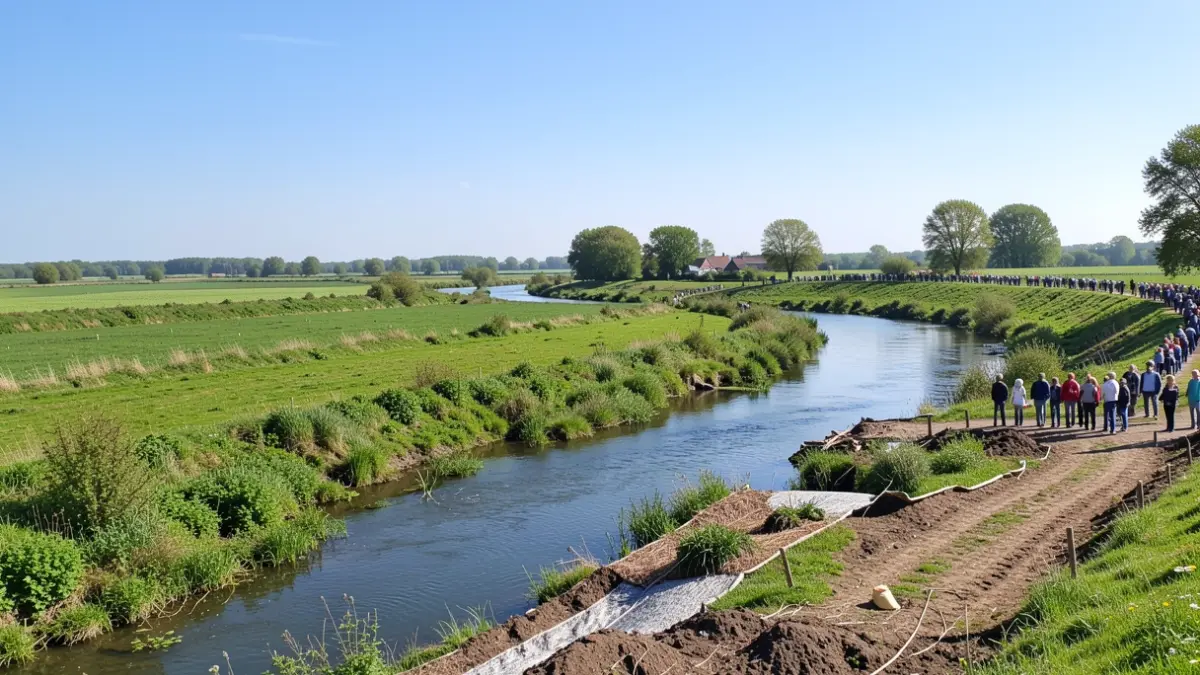 Generic image of a green Flemish valley landscape with a river and restoration work.