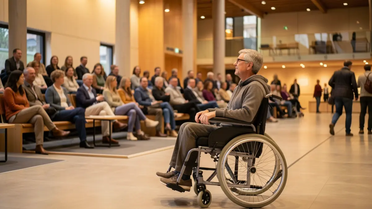 Generieke afbeelding van een persoon met een beperking die een rolstoel gebruikt in een cultureel centrum, met een wazig publiek op de achtergrond. Focus op toegankelijkheidsfuncties zoals hellingen of aangewezen zitplaatsen. Warme, uitnodigende verlichting.