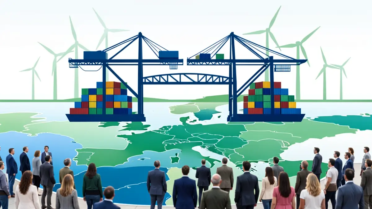 Symbolic image of European port cooperation featuring harbor cranes and containers forming a bridge over a map of the North Sea and Rhine-Ruhr area.