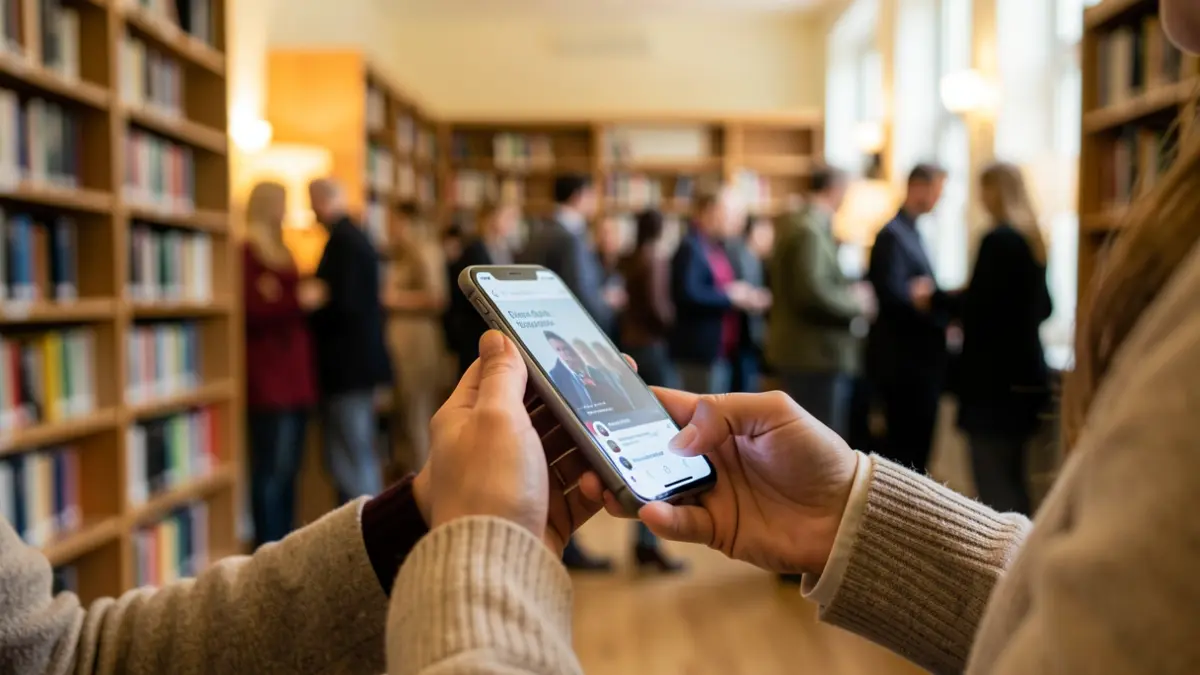 A person using a smartphone in a library setting, with focus on the screen.