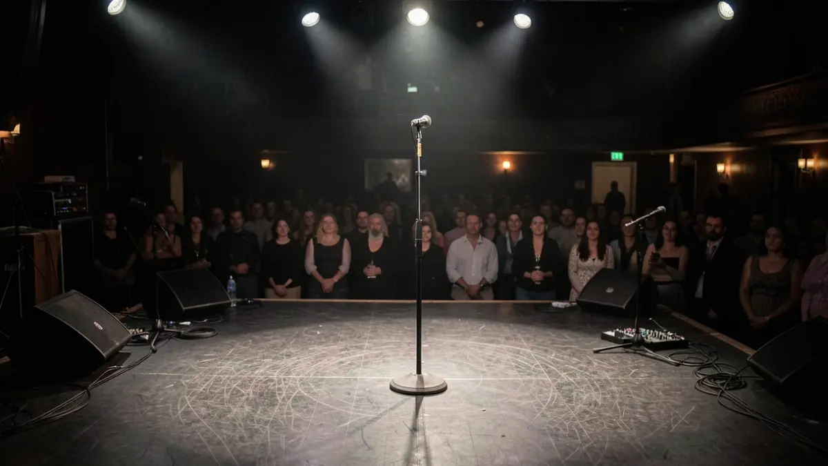 Generieke afbeelding van een leeg podium in een muziekclub met een microfoonstandaard.